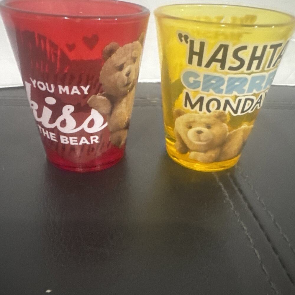 Ted 2 Movie Shot Glasses Lot 2 Universal 2015 Kiss The Bear Grrrr Monday